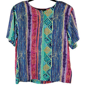 Top Vintage 80s silk multicolor abstract print short sleeve blouse Medium